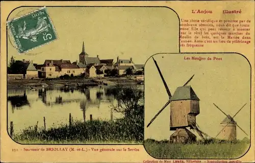 Ak Briollay Maine et Loire, Ort vom Ufer aus gesehen, Windmühlen