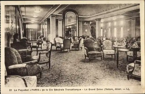 Ak Paquebot Paris, Dampfschiff, CGT, French Line, Grand Salon