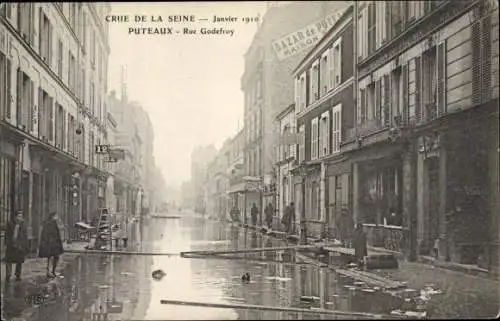 Ak Puteaux Hauts de Seine, Crue de la Seine, Janvier 1910, Rue Godefroy