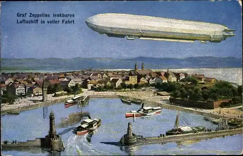 Künstler Ak Lindau am Bodensee Schwaben, Graf Zeppelins Luftschiff über der Stadt