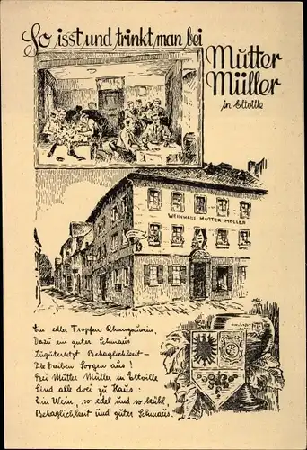 Wappen Künstler Ak Eltville am Rhein Hessen, Altrheinische Gaststätte Weinhaus Mutter Müller