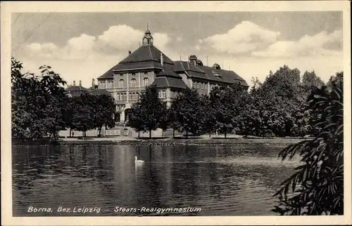 Ak Borna im Kreis Leipzig, Blick über den Teich zum Staatsrealgymnasium, Schwan