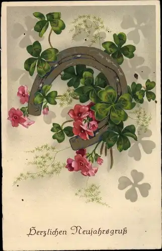 Ak Glückwunsch Neujahr, Hufeisen, Blumen und Kleeblätter, EAS 1741