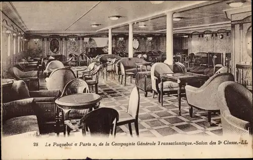 Ak Paquebot Paris, Dampfschiff, CGT, French Line, Salon des 2e Classe