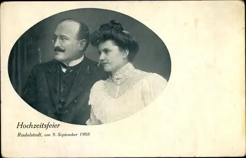 Ak Rudolstadt in Thüringen, Hochzeitsfeier am 9 September 1908, Portrait des Ehepaars