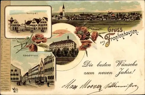 Litho Frontenhausen in Niederbayern, Marktplatz, Bahnhofstraße, Kloster Poxau, Glückwunsch Neujahr