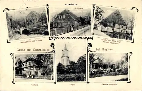 Ak Conradsdorf Halsbrücke in Mittelsachsen, Gasthof, Deichsabrücke, Schloss, Schulhaus, Pfarrhaus