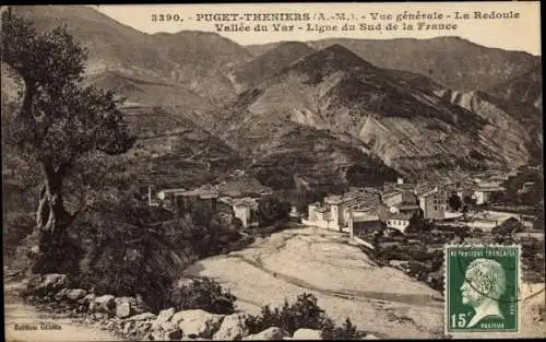 Ak Puget Theniers Alpes Maritimes, Vue générale, la Redoule, Vallee du Var