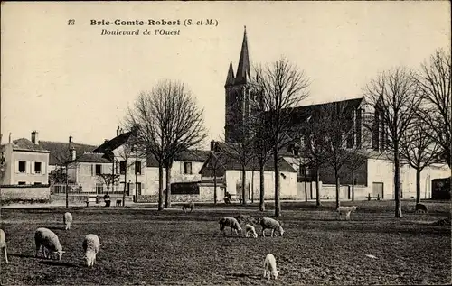 Ak Brie Comte Robert Seine et Marne, Boulevard de l'Ouest, Lämmer, Schafe, Kirche