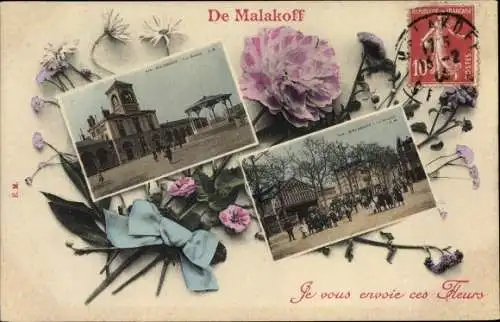 Ak Malakoff Hauts de Seine, Pavillon, Straßenpartie, Platz, Blumenstrauss