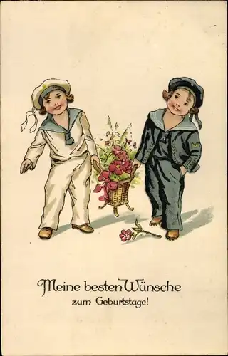 Ak Glückwunsch Geburtstag, Zwei Mädchen in Matrosenanzügen mit Blumen
