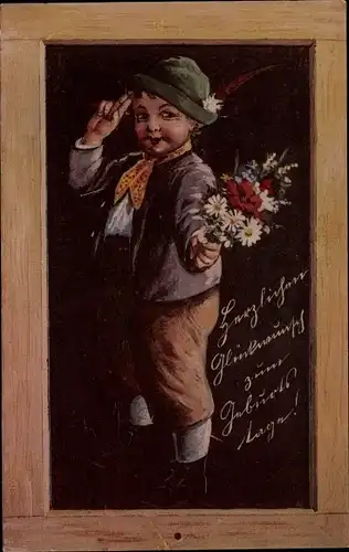 Passepartout Ak Glückwunsch Geburtstag, Junge mit Blumen