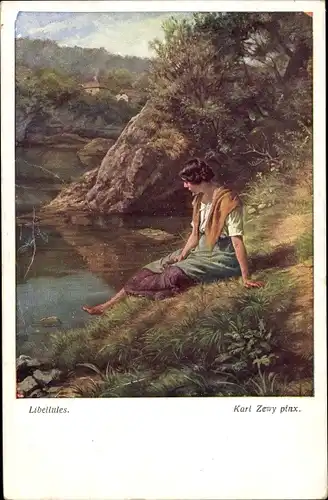 Künstler Ak Zewy, Karl, Frau am Ufer