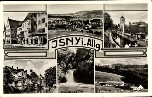 Ak Isny im Allgäu, Rathaus, Gesamtansicht, Wasserfall