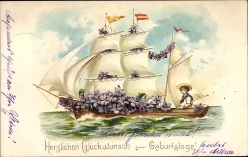 Litho Glückwunsch Geburtstag, Segelschiff, Vergissmeinnicht