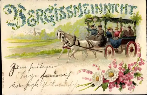 Präge Litho Vergissmeinnicht, Ausflug, Kutsche