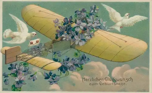 Präge Litho Glückwunsch Geburtstag, Flugzeug, Tauben, Vergissmeinnicht