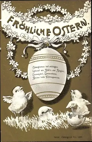 Präge Gold Litho Glückwunsch Ostern, Küken, Osterei