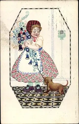 Künstler Ak Mädchen mit Blumenstraß, Hund