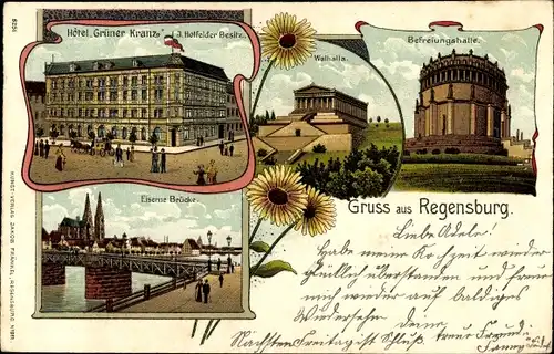 Litho Regensburg an der Donau Oberpfalz, Hotel Grüner Kranz, Walhalla, Befreiungshalle