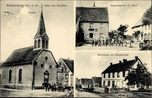 Ak Schœnbourg Schönburg Bas Rhin, Gastwirtschaft, Kirche, Schulhaus, Hauptstraße