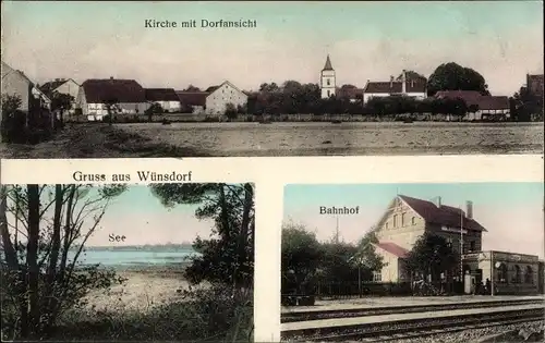 Ak Wünsdorf Zossen in Brandenburg, Bahnhof, Kirche, See