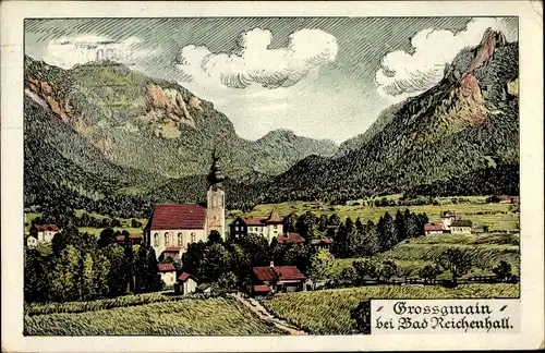 Künstler Ak Großgmain in Salzburg, Blick auf den Ort, Kirche