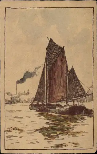 Ak Segelpartie, Skizziertes Bild, Im Hintergrund eine Fabrik