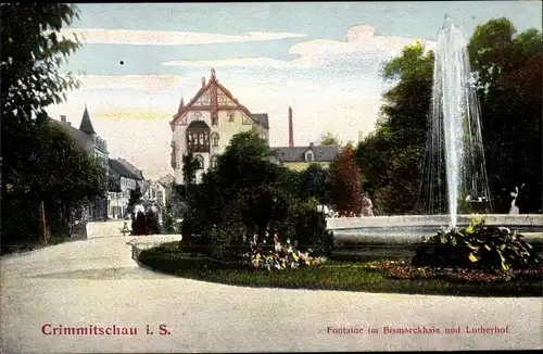 Ak Crimmitschau in Sachsen, Bismarckhain, Fontaine im Bismarckhain und Lutherhof