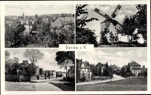 Ak Syrau im Vogtland, Teilansicht, Windmühle