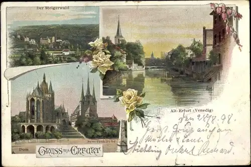 Litho Erfurt in Thüringen, Steigerwald, Severuskirche, Dom, Flusspartie