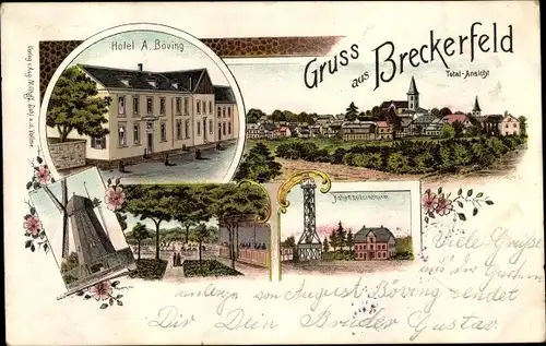 Litho Breckerfeld in Nordrhein Westfalen, Hotel A. Böving, Hohenzollernturm, Windmühle