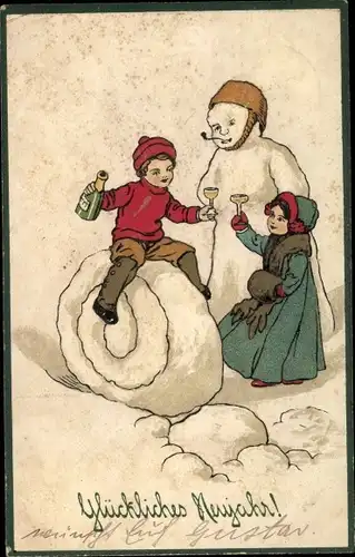 Präge Litho Glückwunsch Neujahr, Kidner trinken Champagner, Schneemann