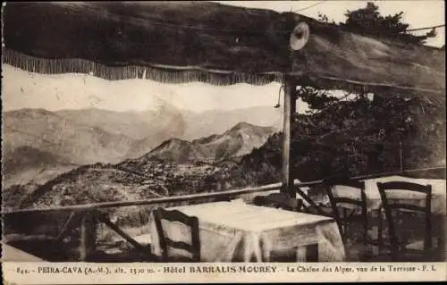Ak Peira Cava Luceram Alpes Maritimes, Hotel Barralis Mourey, la Chaine des Alpes