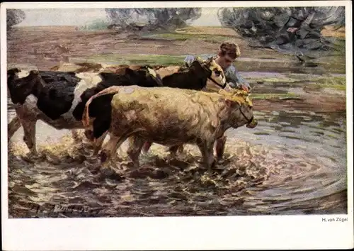 Künstler Ak Zügel, H. von, Mann mit Rindern im Wasser