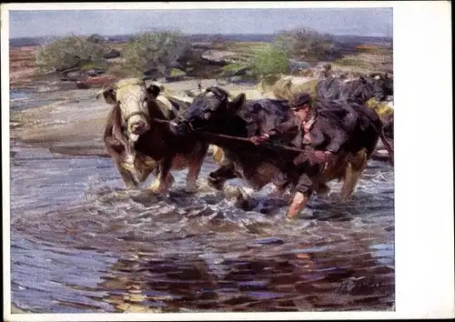 Künstler Ak Zügel, H. von, Durchs Wasser, Mann mit Rindern