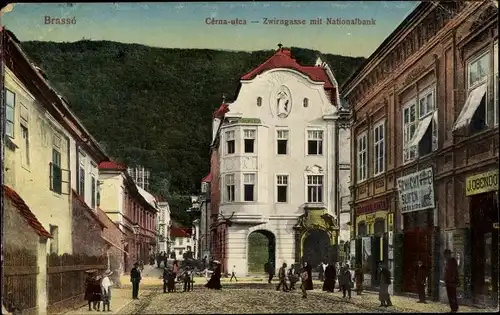 Ak Brașov Brassó Kronstadt Rumänien, Cerna Utca, Zwirngasse mit Nationalbank