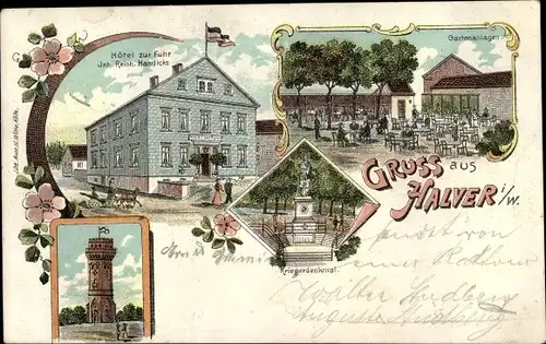 Litho Halver in Westfalen, Hotel zur Fuhr, Kriegerdenkmal