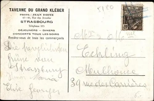 Ak Strasbourg Straßburg Elsass Bas Rhin, Taverne du Grand Kleber, Rue des Arcades 47-49