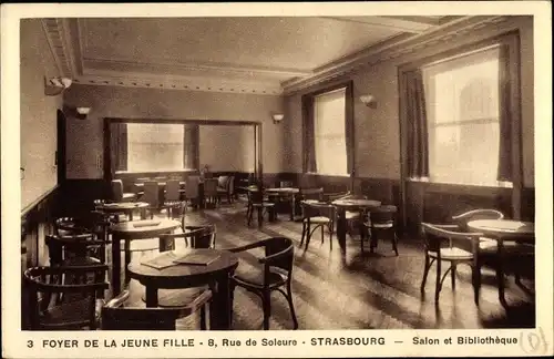 Ak Strasbourg Straßburg Elsass Bas Rhin, Foyer de la jeune fille, Salon, Bibliotheque