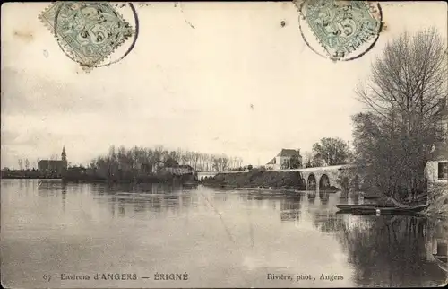 Ak Mûrs Erigné Angers Maine et Loire, Flussansicht, Brücke