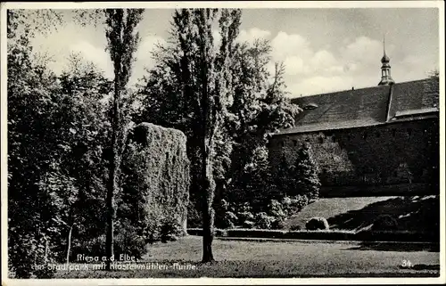 Ak Riesa an der Elbe Sachsen, Stadtpark mit Klostermühlen Ruine