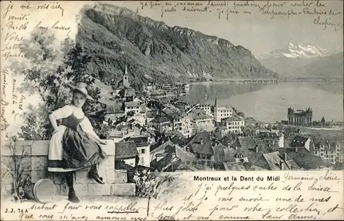 Ak Montreux Kanton Waadt, Blick auf den Ort, Dent du Midi, Frau in Tracht