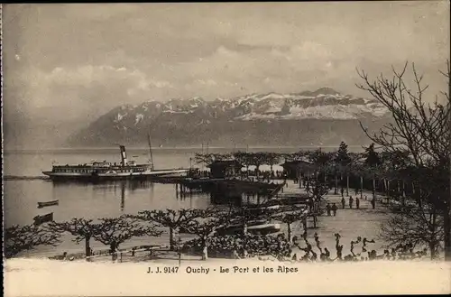 Ak Ouchy Lausanne Kanton Waadt, Le Port et les Alpes, Salondampfer