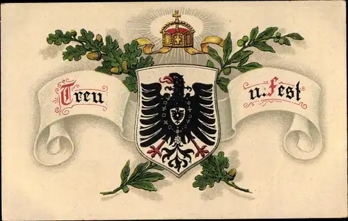 Wappen Litho Treu und fest, Eichenlaub, Lorbeer