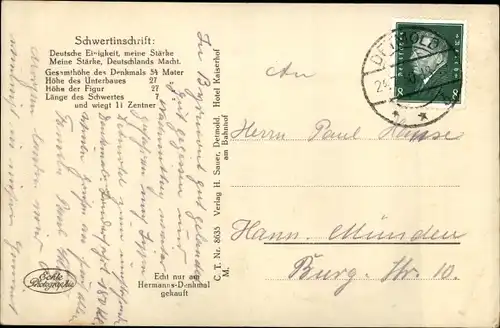 Ak Detmold am Teutoburger Wald, Hermannsdenkmal