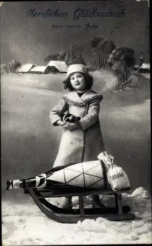 Ak Glückwunsch Neujahr, Mädchen mit Schlitten, Sektflasche, Geldsack