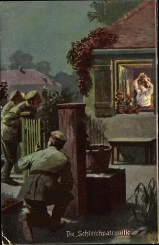 Künstler Ak Die Schleichpatrouille, Soldaten beobachten Frau am Fenster, Immer Fachmann, I. WK