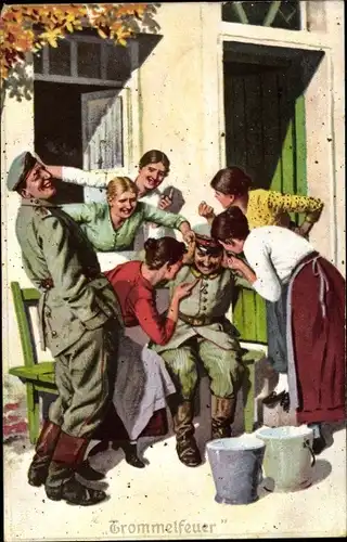 Künstler Ak Immer Fachmann, Militärische Fachausdrücke Nr. 4, Trommelfeuer, Soldaten