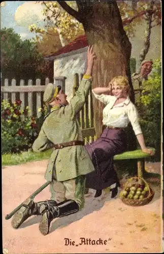 Künstler Ak Immer Fachmann, Die Attacke, Heiratsantrag, Soldat, Kniefall, Blondine, I. WK